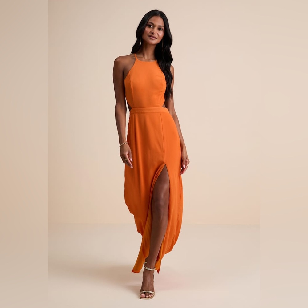 Lulus Nettie Orange Halter Backless Maxi Dress Size M